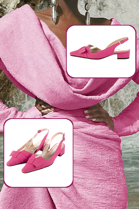 Women's hot pink elegant slingback heels, with a bow on the front. Tapered toe. Low block heels - Top view